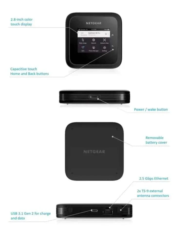 Netgear Nighthawk M6 Pro 5G mobile router, compact, sleek black design.